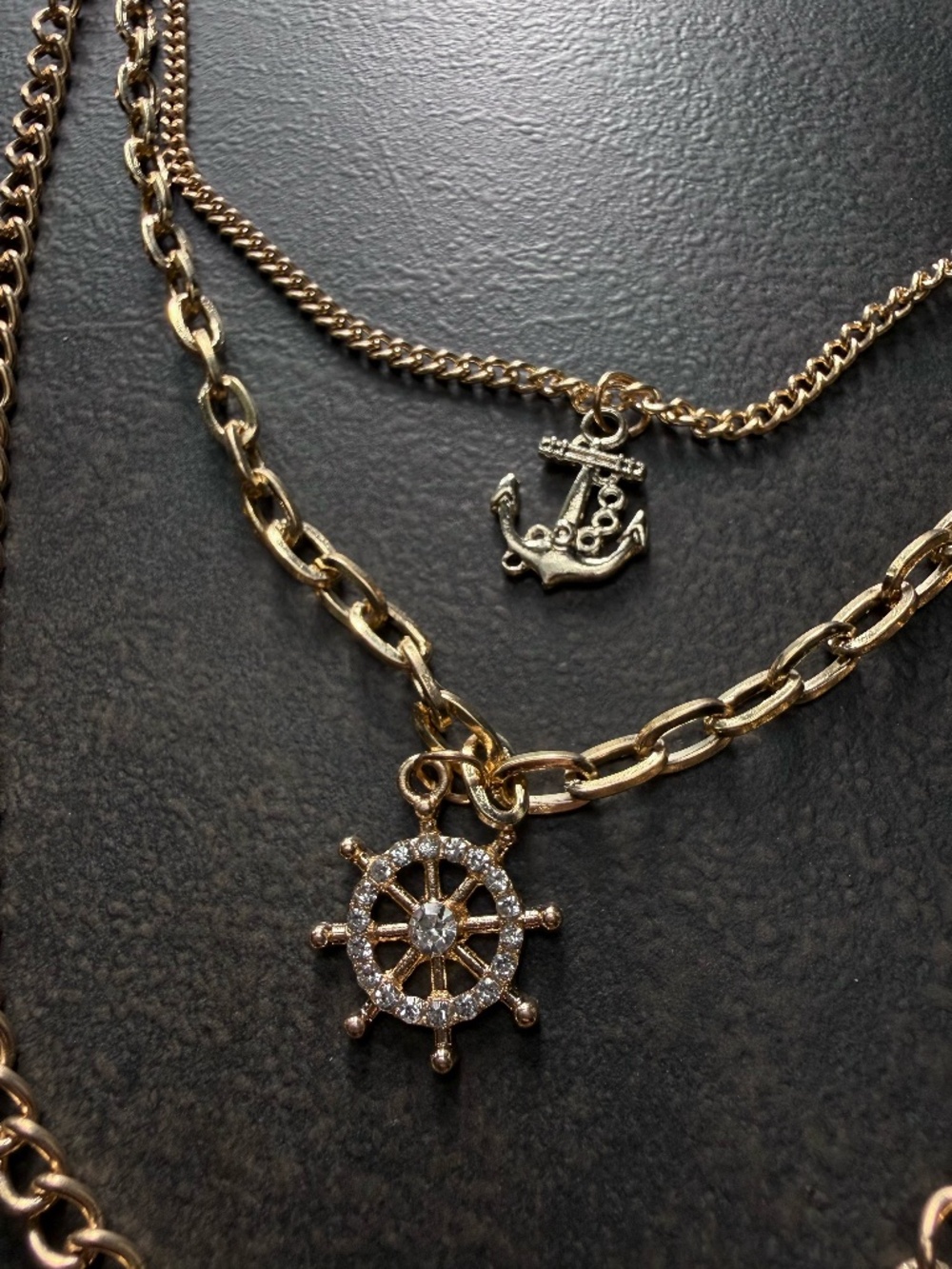 Nautical Gold Multi Chain Statement Necklace Ship Wheel Anchor